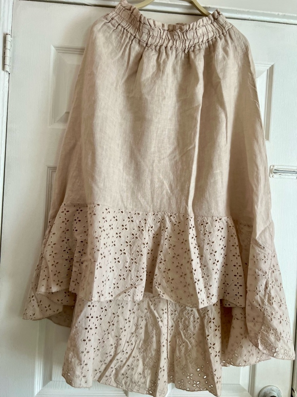 Linen Eyelet Ruffle Midi Skirt in Light Beige - Picture 4 of 7